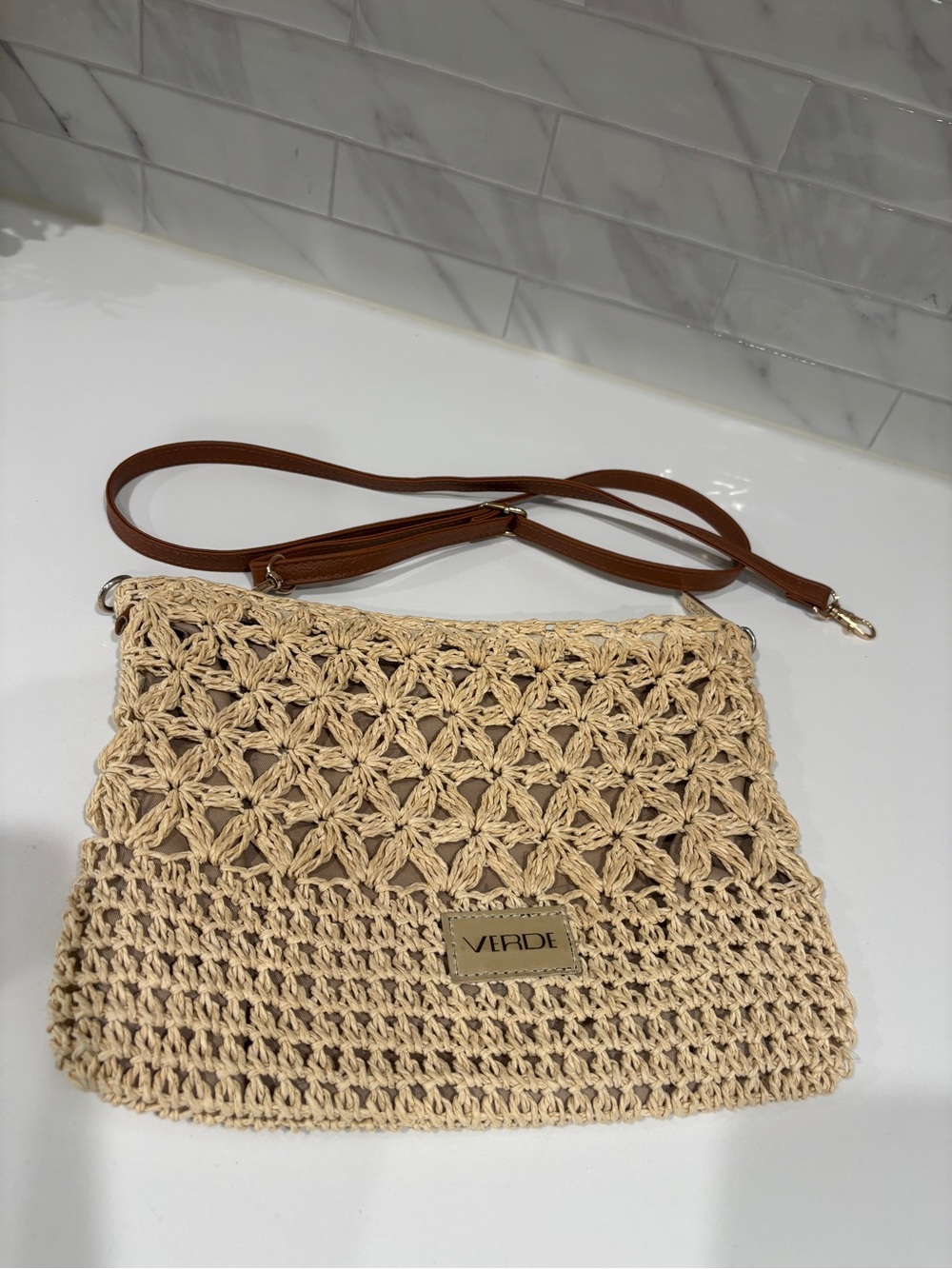 Beige Crochet Straw Crossbody Bag with Brown Strap - purchased in Spain for trip